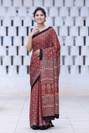 Heritage Rust Ajrakh Inspired Silk Saree with Geometric Royal Motifs