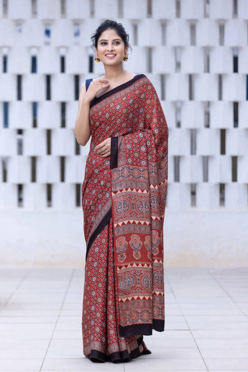 Heritage Rust Ajrakh Inspired Silk Saree with Geometric Royal Motifs
