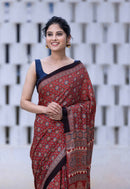Heritage Rust Ajrakh Inspired Silk Saree with Geometric Royal Motifs