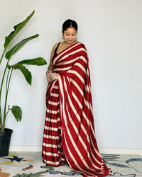 Crimson Leheriya Cotton Silk Saree with Timeless Diagonal Stripe Elegance