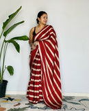 Crimson Leheriya Cotton Silk Saree with Timeless Diagonal Stripe Elegance