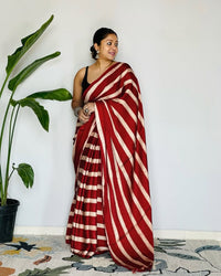 Crimson Leheriya Cotton Silk Saree with Timeless Diagonal Stripe Elegance