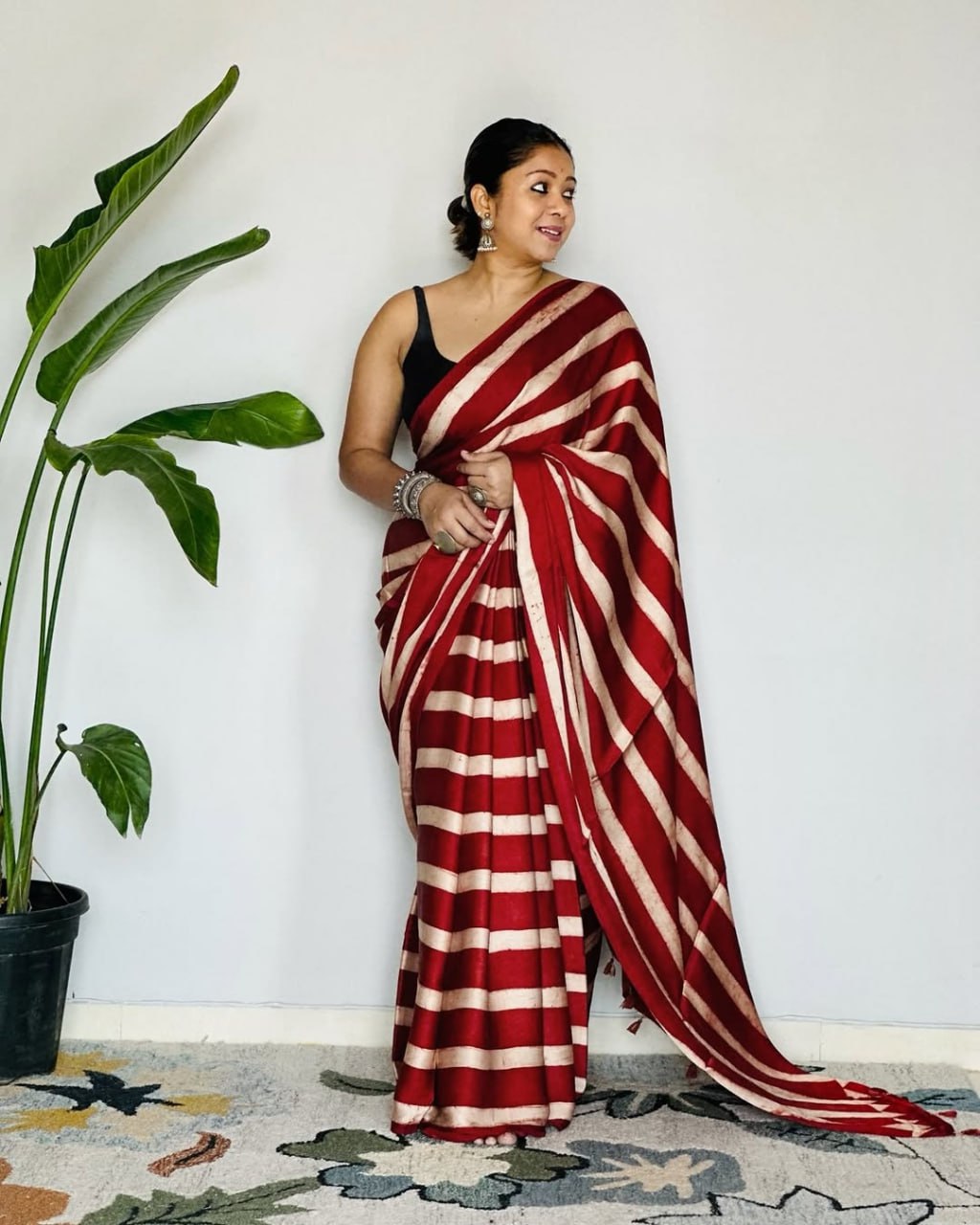 Crimson Leheriya Cotton Silk Saree with Timeless Diagonal Stripe Elegance