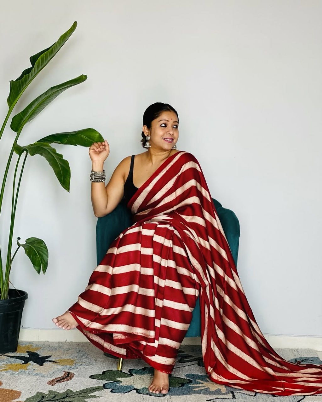 Crimson Leheriya Cotton Silk Saree with Timeless Diagonal Stripe Elegance