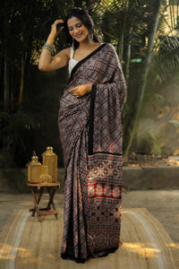 Charcoal Elegance Ajrakh Inspired Silk Saree with Intricate Geometric Heritage Motifs