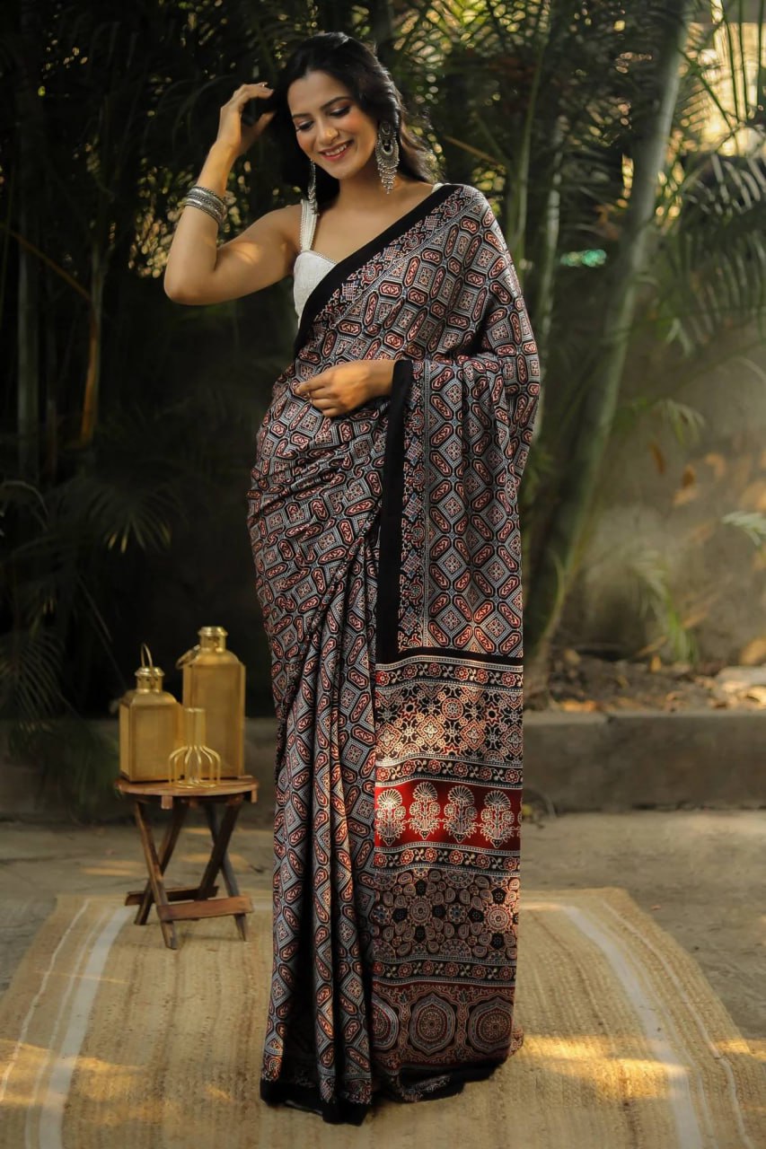 Charcoal Elegance Ajrakh Inspired Silk Saree with Intricate Geometric Heritage Motifs
