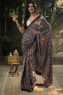 Charcoal Elegance Ajrakh Inspired Silk Saree with Intricate Geometric Heritage Motifs