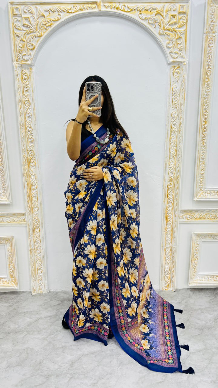 Midnight Bloom Cotton Silk Saree with Floral Garden Elegance