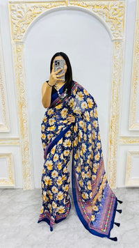 Midnight Bloom Cotton Silk Saree with Floral Garden Elegance