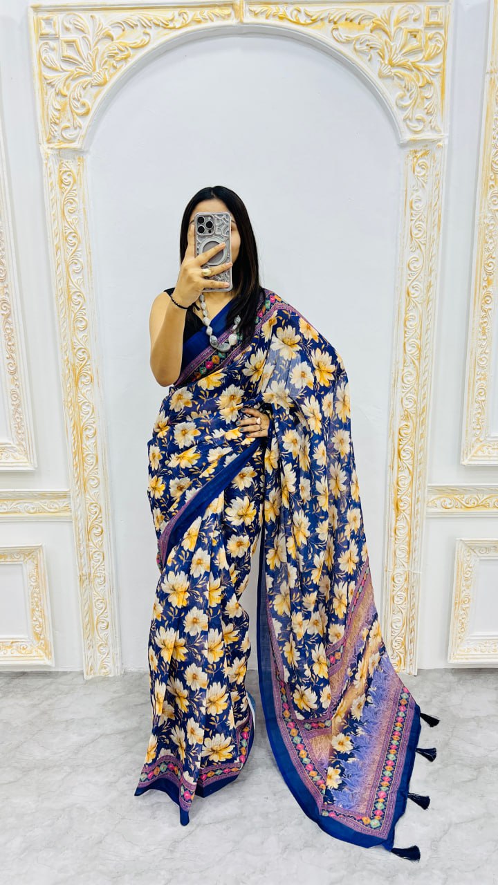 Midnight Bloom Cotton Silk Saree with Floral Garden Elegance