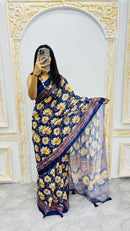 Midnight Bloom Cotton Silk Saree with Floral Garden Elegance