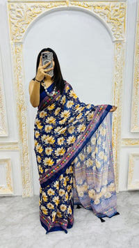 Midnight Bloom Cotton Silk Saree with Floral Garden Elegance