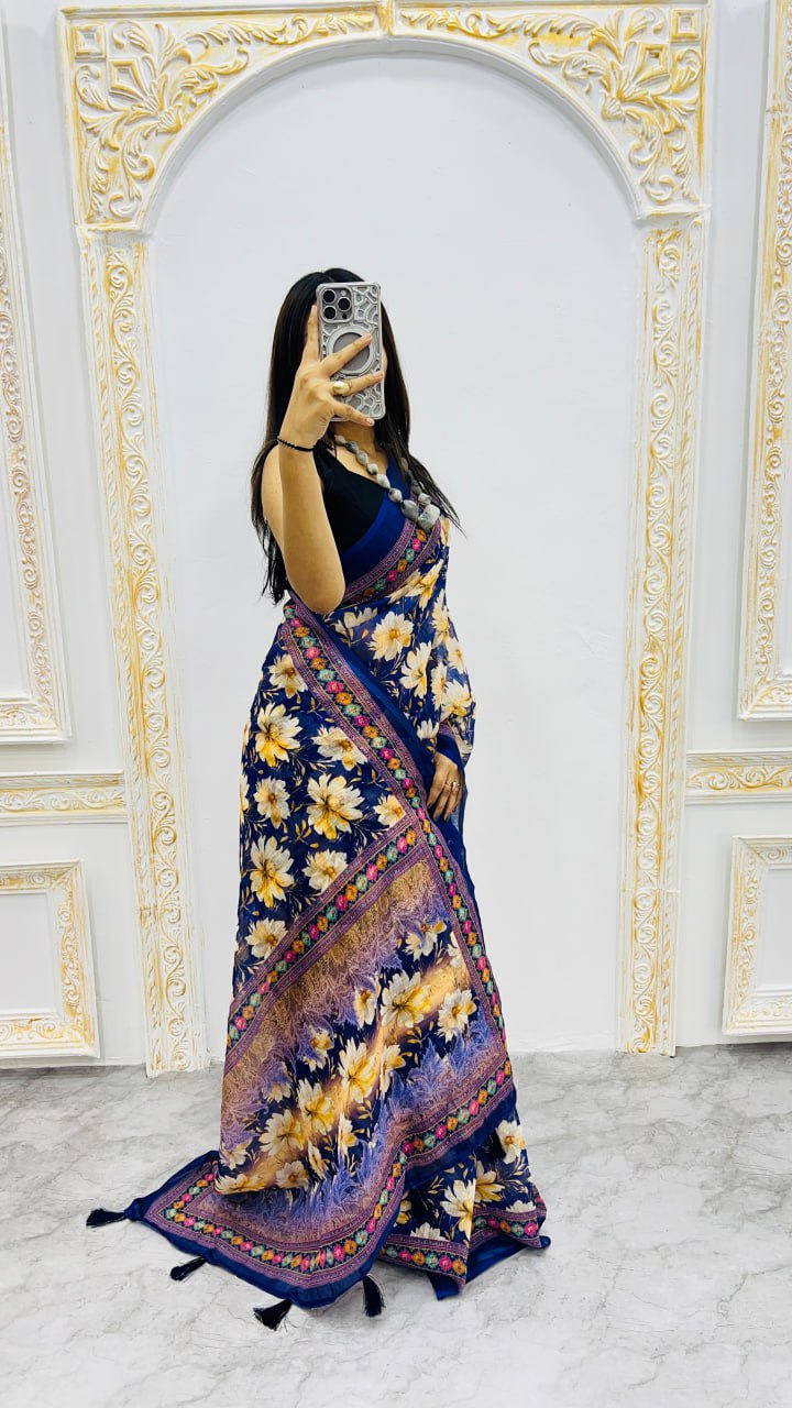 Midnight Bloom Cotton Silk Saree with Floral Garden Elegance