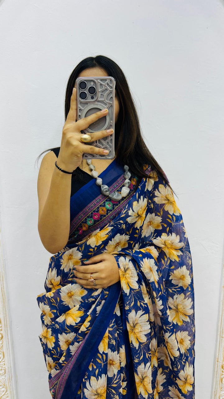 Midnight Bloom Cotton Silk Saree with Floral Garden Elegance