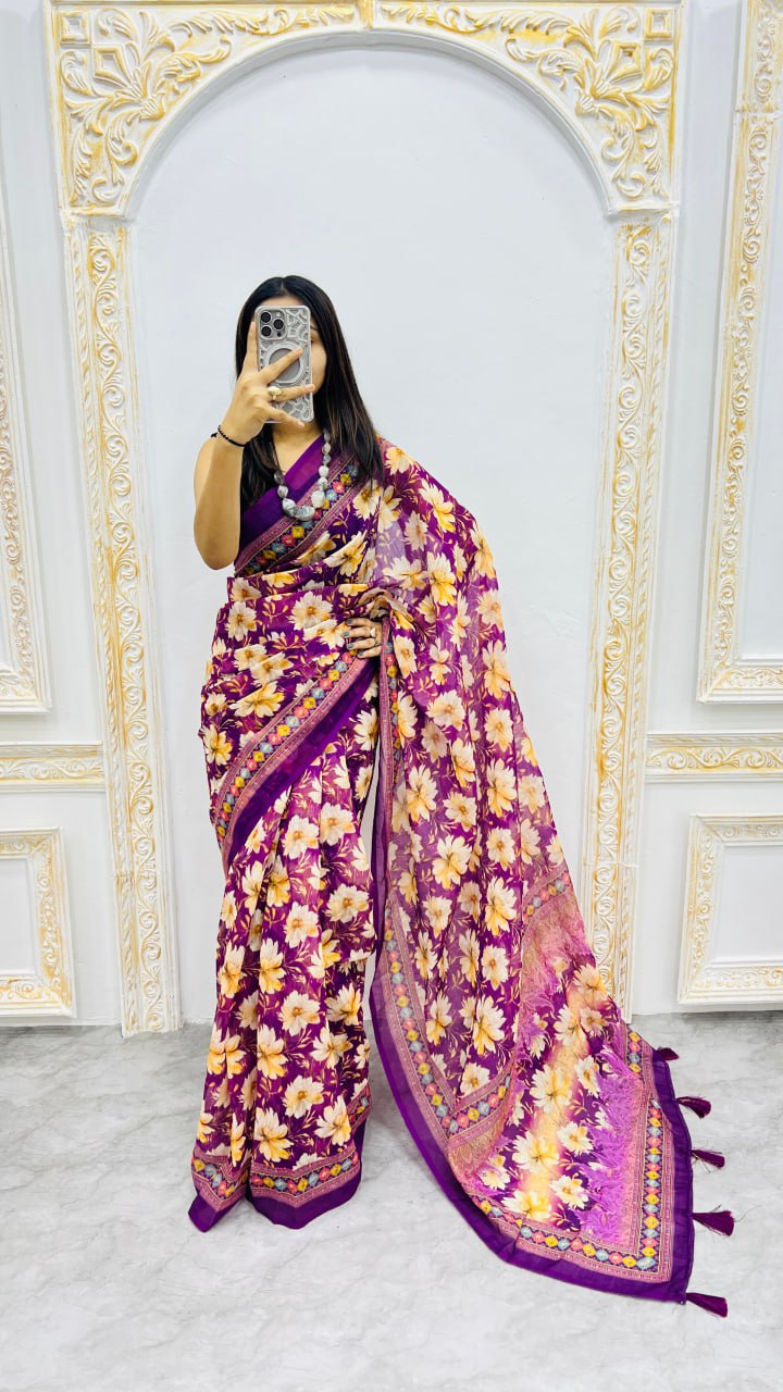Royal Orchid Bloom Cotton Silk Saree with Floral Garden Elegance