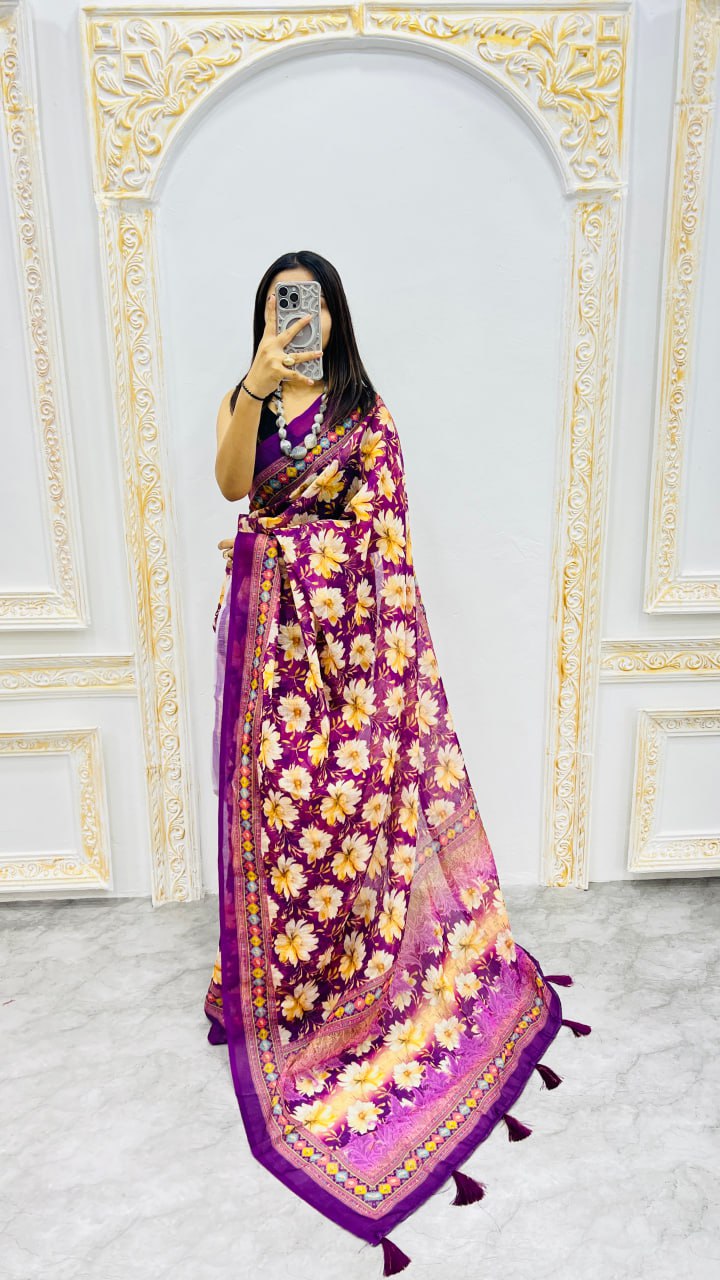 Royal Orchid Bloom Cotton Silk Saree with Floral Garden Elegance