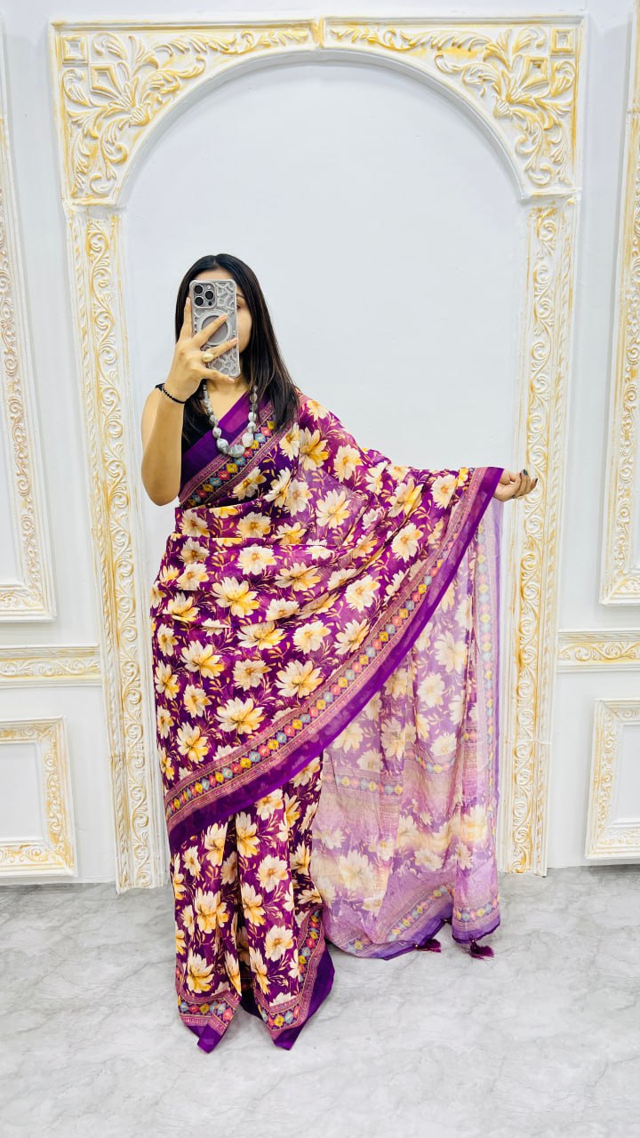 Royal Orchid Bloom Cotton Silk Saree with Floral Garden Elegance