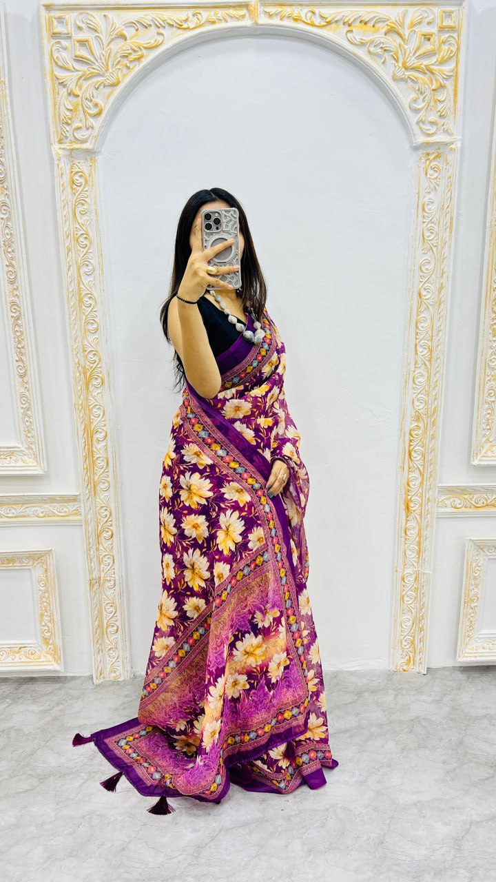 Royal Orchid Bloom Cotton Silk Saree with Floral Garden Elegance