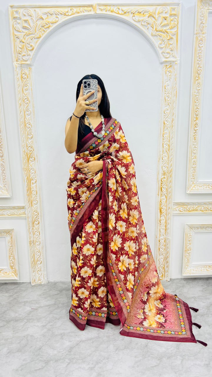 Rust Blossom Cotton Silk Saree with Floral Garden Elegance