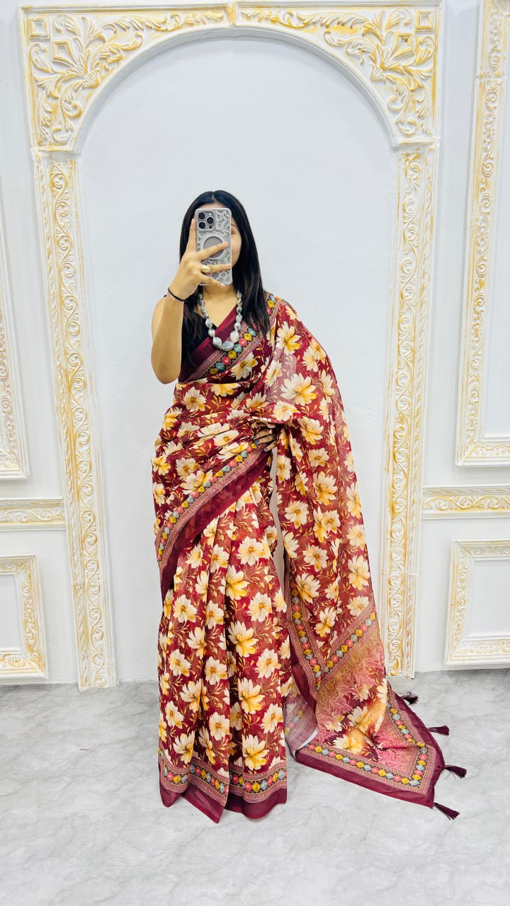 Rust Blossom Cotton Silk Saree with Floral Garden Elegance