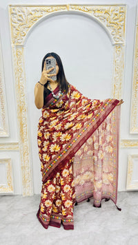 Rust Blossom Cotton Silk Saree with Floral Garden Elegance