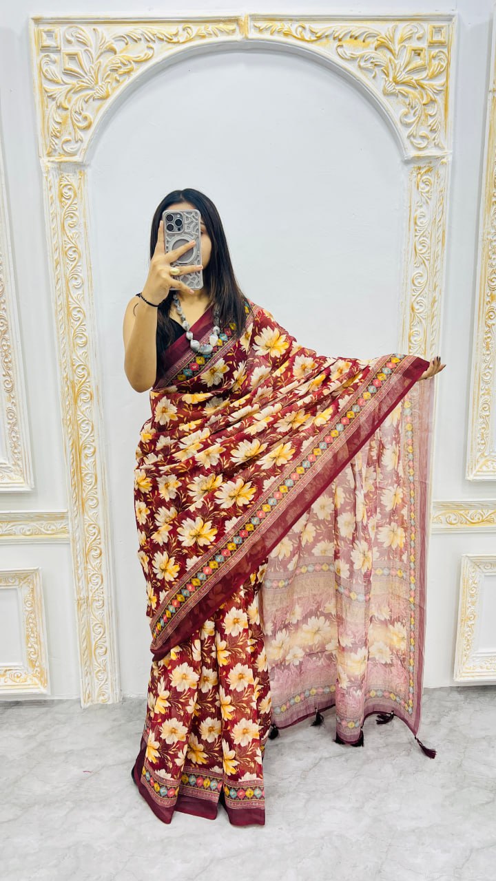 Rust Blossom Cotton Silk Saree with Floral Garden Elegance
