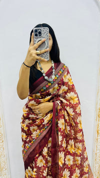 Rust Blossom Cotton Silk Saree with Floral Garden Elegance