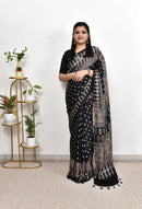 Classic Noir Ajrakh Cotton Silk Saree with Intricate Heritage Panel Design