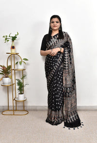 Classic Noir Ajrakh Cotton Silk Saree with Intricate Heritage Panel Design