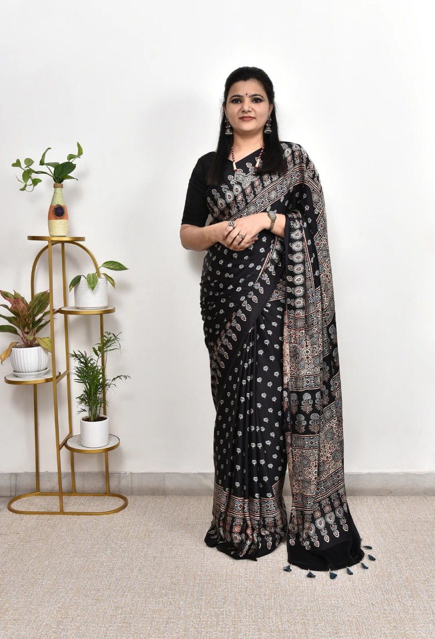 Classic Noir Ajrakh Cotton Silk Saree with Intricate Heritage Panel Design