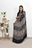 Classic Noir Ajrakh Cotton Silk Saree with Intricate Heritage Panel Design