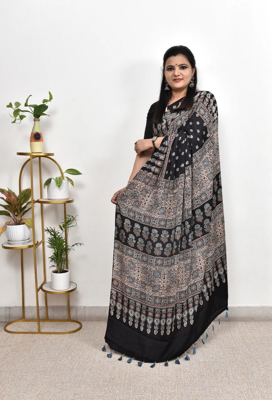 Classic Noir Ajrakh Cotton Silk Saree with Intricate Heritage Panel Design