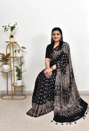 Classic Noir Ajrakh Cotton Silk Saree with Intricate Heritage Panel Design