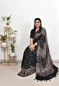 Classic Noir Ajrakh Cotton Silk Saree with Intricate Heritage Panel Design