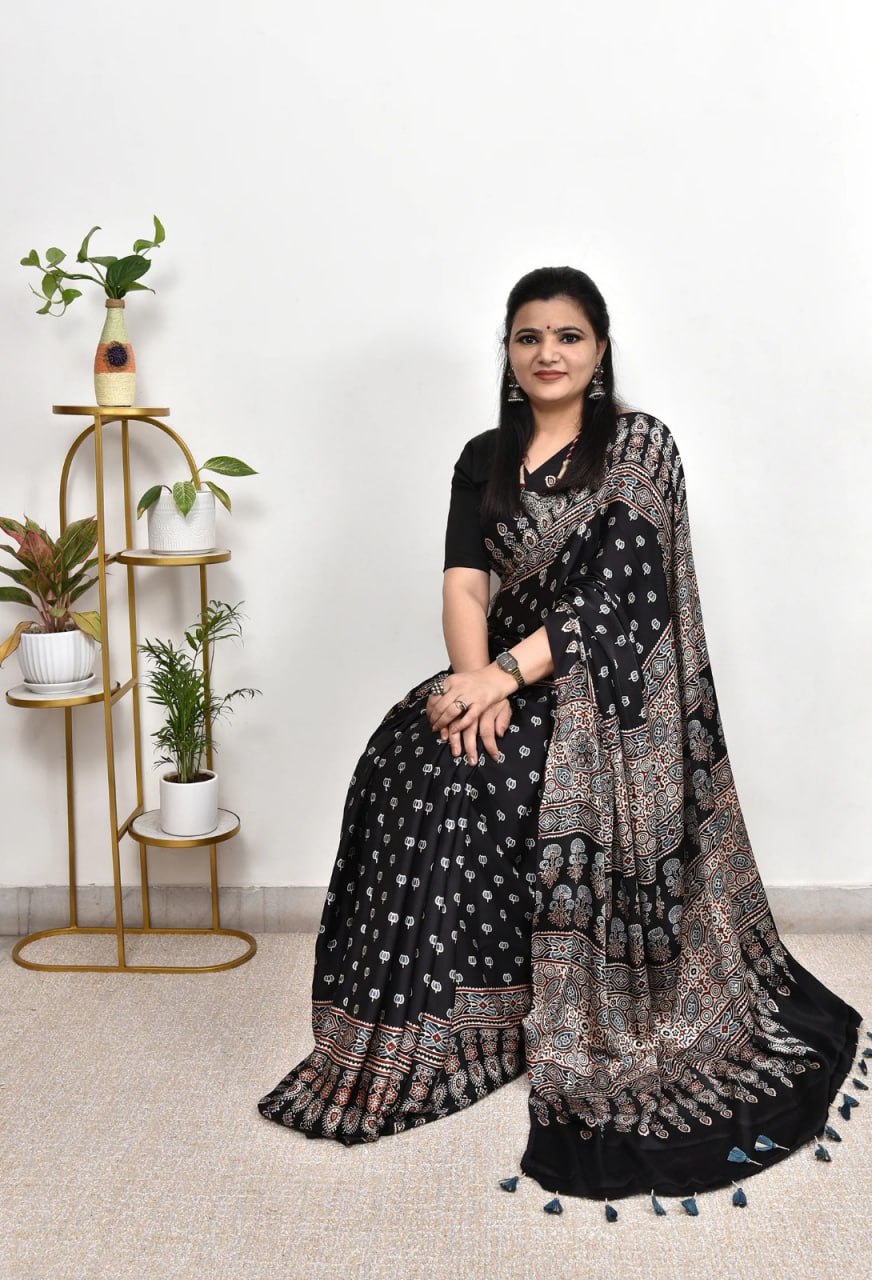 Classic Noir Ajrakh Cotton Silk Saree with Intricate Heritage Panel Design