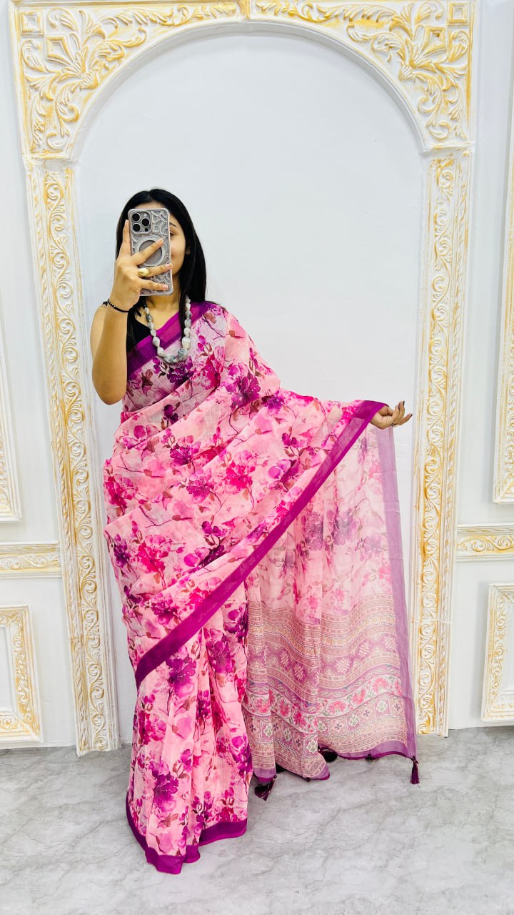 Blush Petal Bloom Cotton Silk Saree with Romantic Floral Elegance