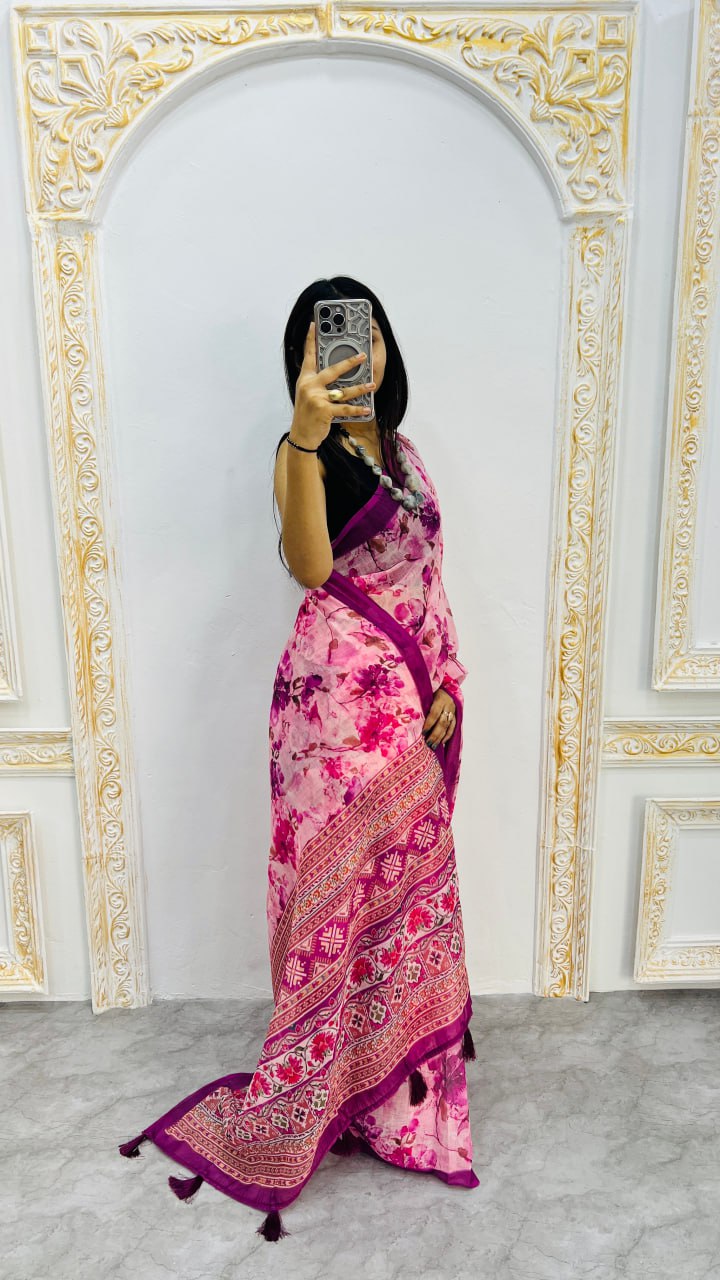 Blush Petal Bloom Cotton Silk Saree with Romantic Floral Elegance