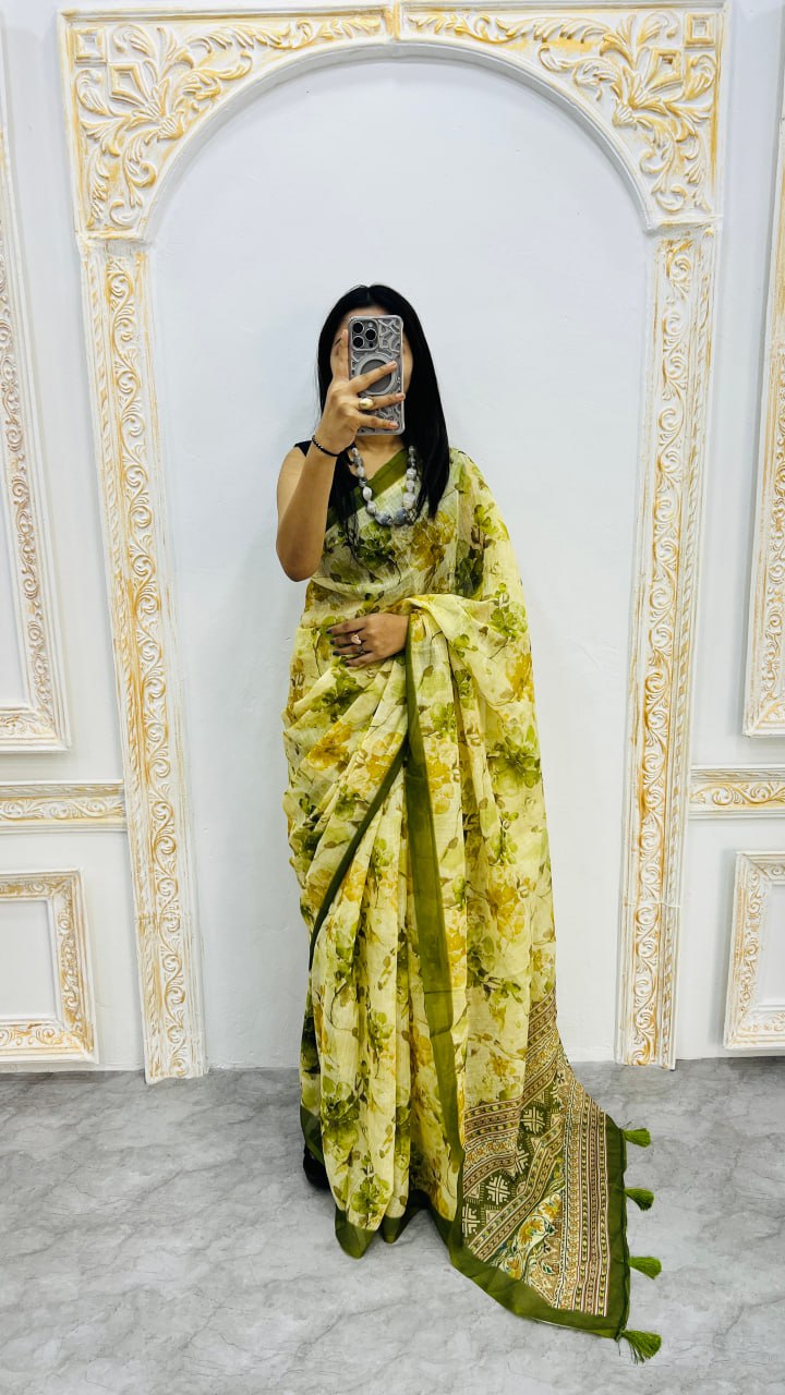 Luxury Lemon Yellow Linen Saree with Green Floral Prints & Elegant Heritage Border