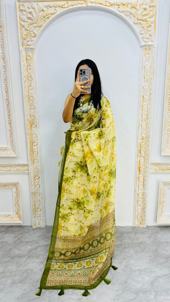 Luxury Lemon Yellow Linen Saree with Green Floral Prints & Elegant Heritage Border