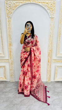 Luxury Peach Pink Linen Saree with Rose Floral Prints & Wine Contrast Border