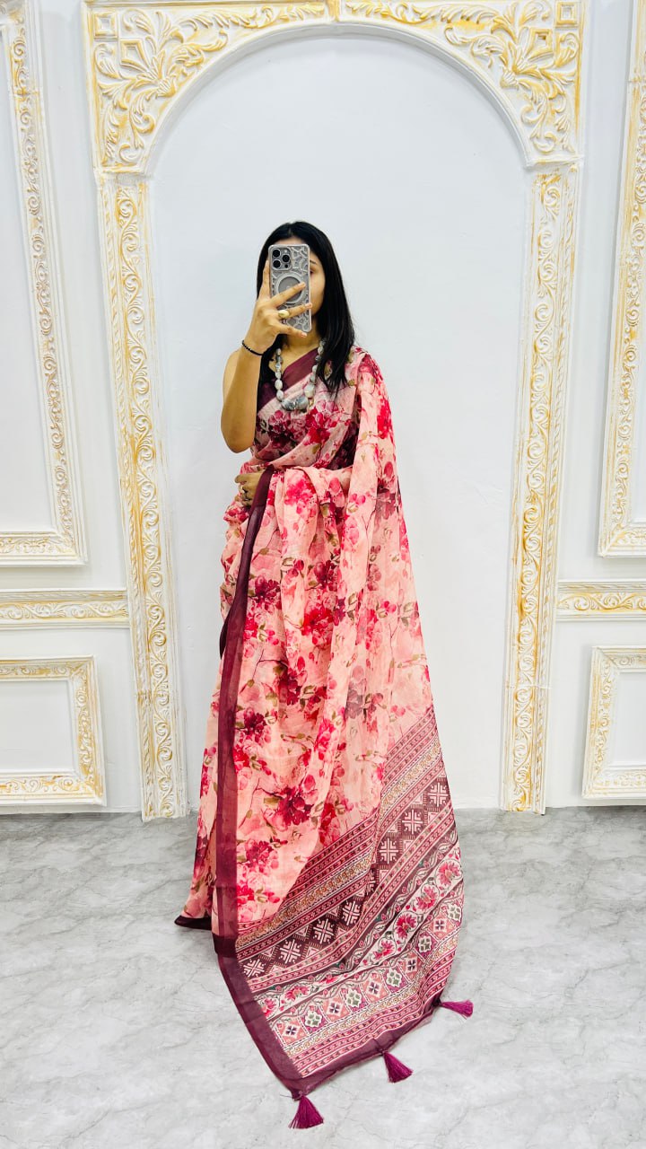 Luxury Peach Pink Linen Saree with Rose Floral Prints & Wine Contrast Border