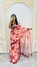 Luxury Peach Pink Linen Saree with Rose Floral Prints & Wine Contrast Border
