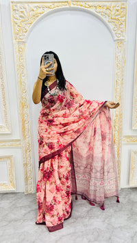 Luxury Peach Pink Linen Saree with Rose Floral Prints & Wine Contrast Border