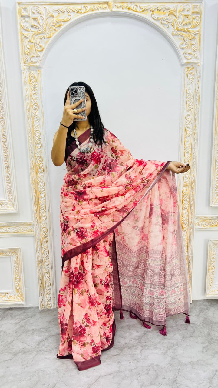 Luxury Peach Pink Linen Saree with Rose Floral Prints & Wine Contrast Border
