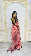 Luxury Peach Pink Linen Saree with Rose Floral Prints & Wine Contrast Border