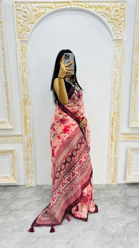 Luxury Peach Pink Linen Saree with Rose Floral Prints & Wine Contrast Border