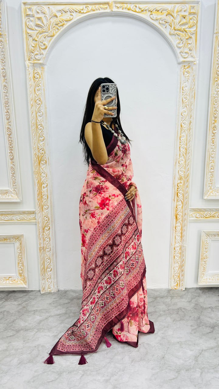 Luxury Peach Pink Linen Saree with Rose Floral Prints & Wine Contrast Border