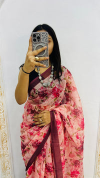 Luxury Peach Pink Linen Saree with Rose Floral Prints & Wine Contrast Border