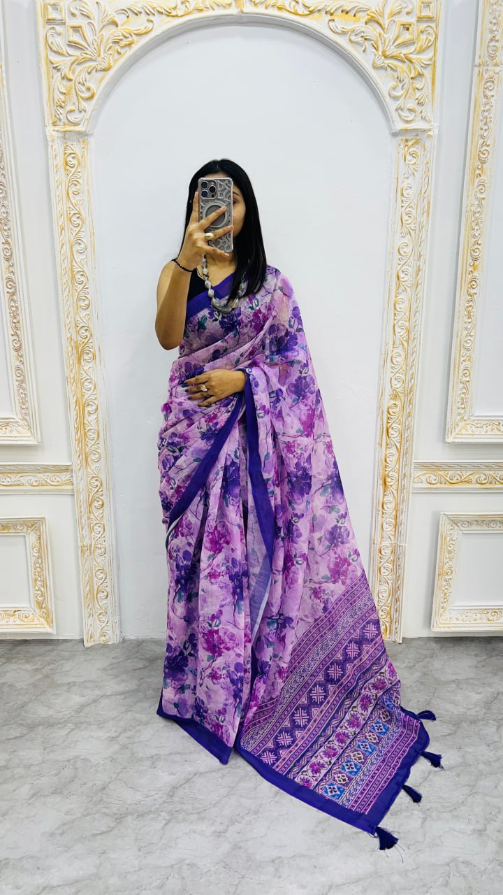 Luxury Lavender Purple Linen Saree with Watercolor Floral Prints & Royal Blue Border