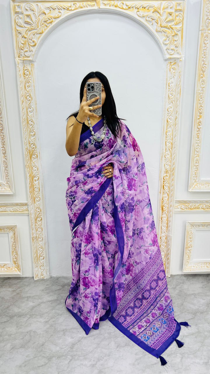 Luxury Lavender Purple Linen Saree with Watercolor Floral Prints & Royal Blue Border